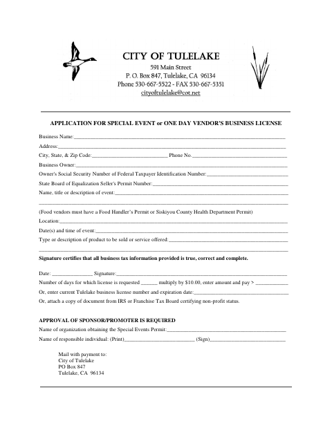 First page of the Application for Special Event or One Day Vendor's Business License