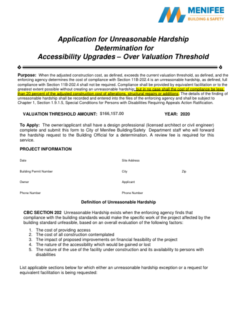 First page of the Application for Unreasonable Hardship Determination for Accessibility Upgrades – Over Valuation Threshold