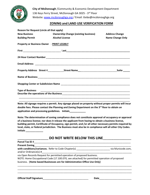 First page of the Zoning and Land Use Verification Form