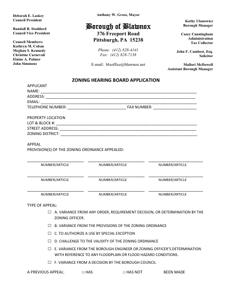 First page of the Zoning Hearing Board Application