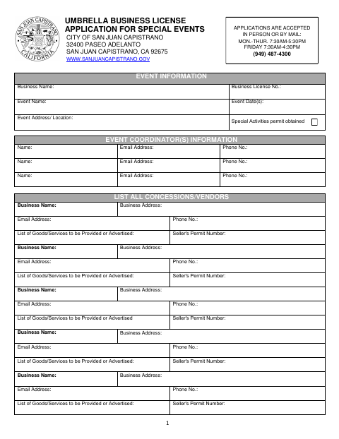 First page of the Umbrella Business License Application for Special Events