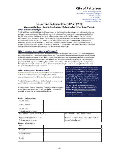First page of the Erosion and Sediment Control Plan (ESCP) Worksheet for Small Construction Projects