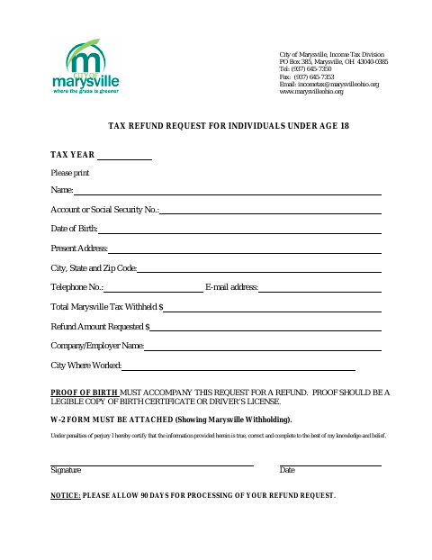 First page of the Income Tax Refund Request Form for Individuals Under Age 18