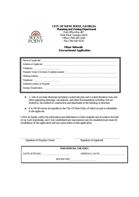 First page of the Minor Sidewalk Encroachment Application