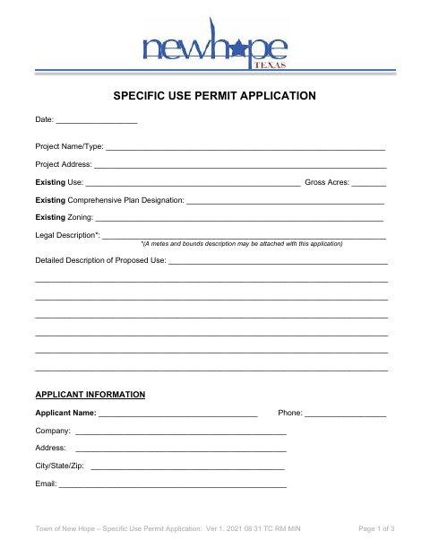 First page of the Specific Use Permit Application