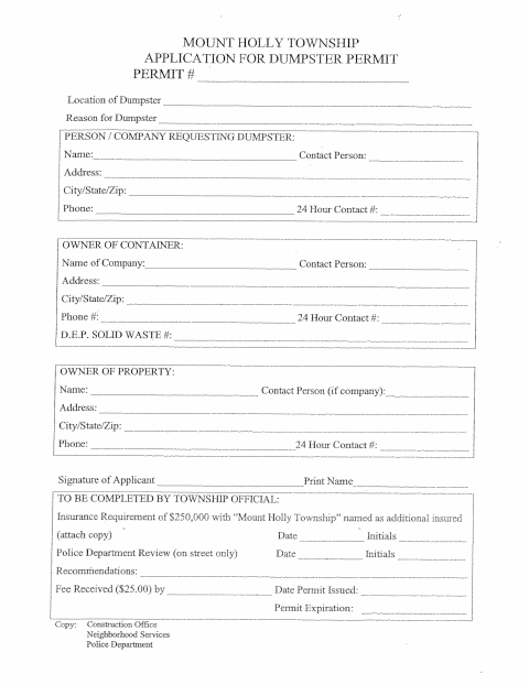 First page of the Application for Dumpster Permit