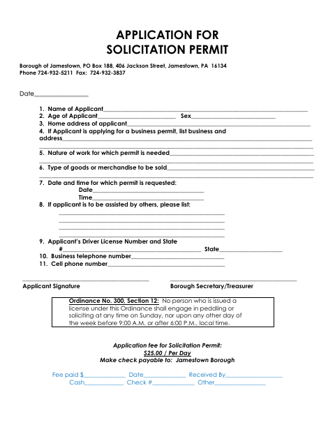 First page of the Application for Solicitation Permit