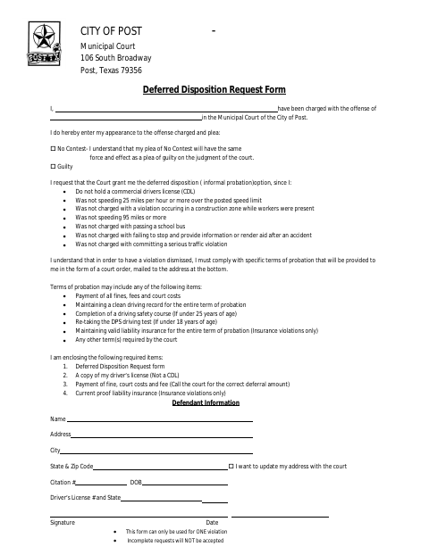 First page of the Deferred Disposition Request Form
