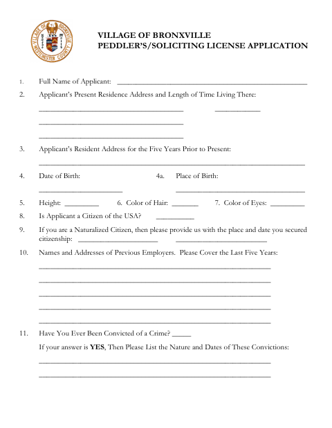 First page of the Peddler’s/Soliciting License Application
