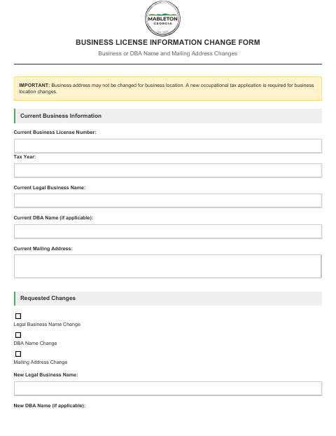 First page of the Business License Information Change