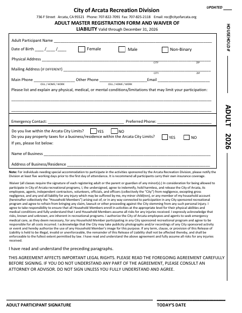 First page of the Adult Master Registration Form and Waiver of Liability