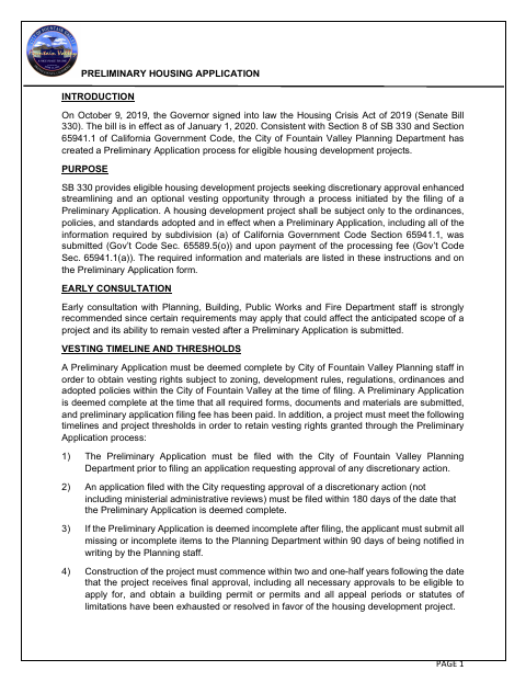 First page of the Preliminary Housing Application