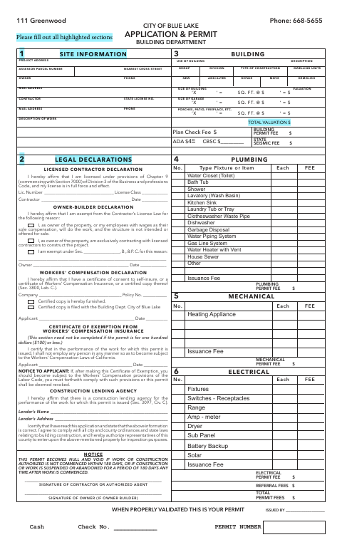 First page of the Building Permit Application