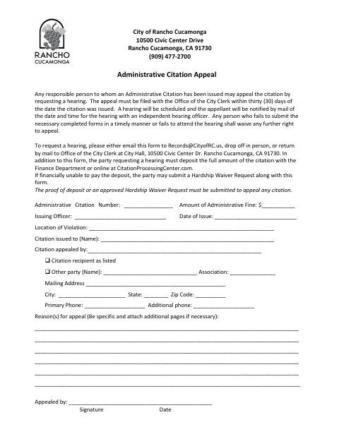 First page of the Administrative Citation Appeal