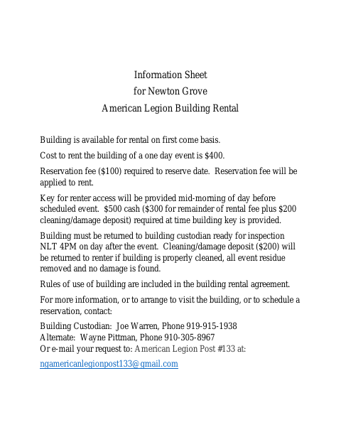 First page of the American Legion Building Rental Contract