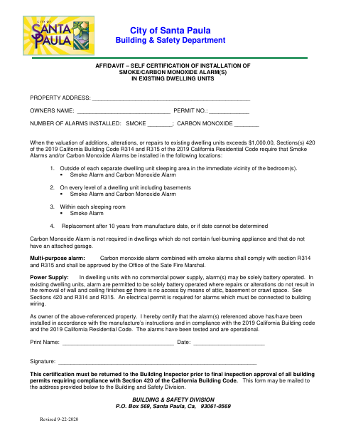 First page of the Smoke and Carbon Monoxide Alarm Installation Affidavit
