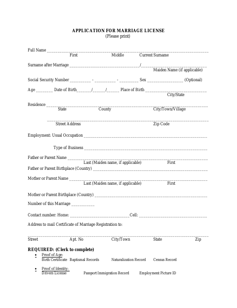 First page of the Application for Marriage License