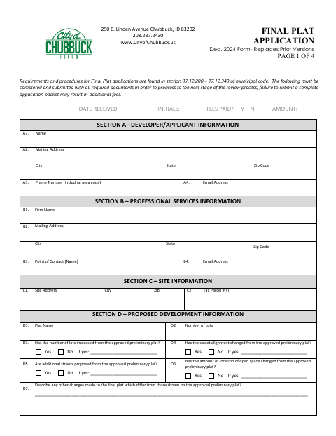First page of the Final Plat Application