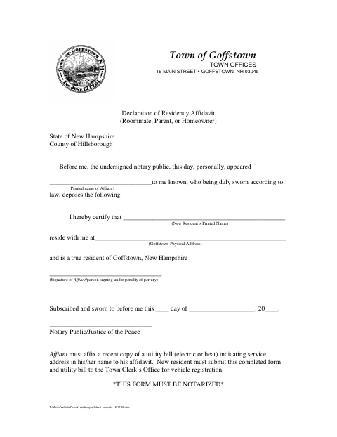 First page of the Declaration of Residency Affidavit