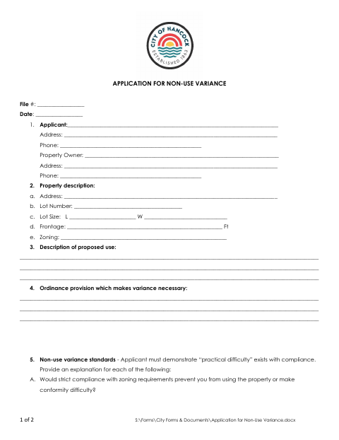First page of the Application for Non-Use Variance