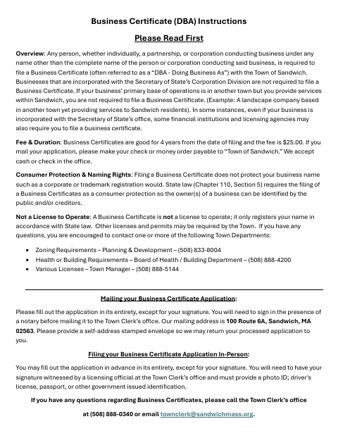 First page of the Business Certificate Application Instructions