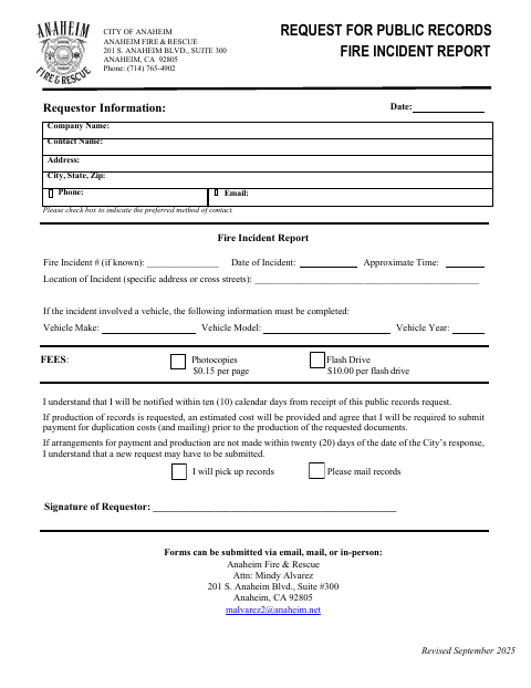 First page of the Request for Public Records Fire Incident Report