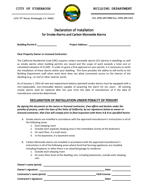 First page of the Declaration of Installation for Smoke Alarms and Carbon Monoxide Alarms