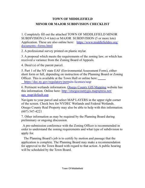 First page of the Minor or Major Subdivision Checklist
