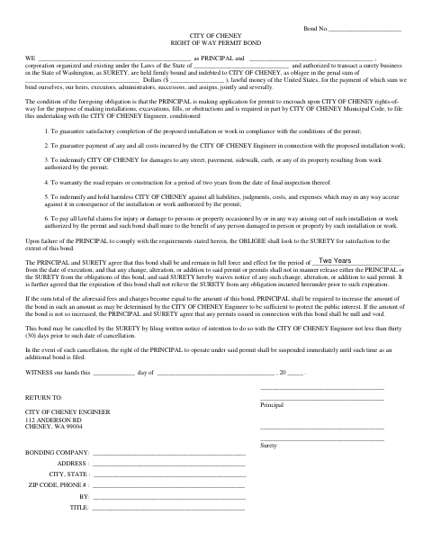 First page of the Right of Way Permit Bond