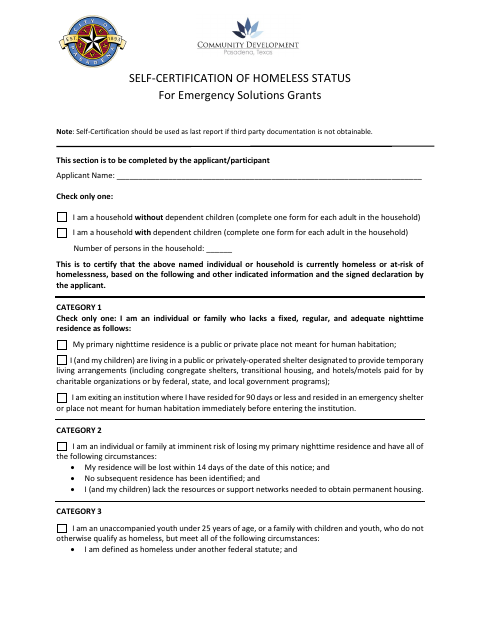 First page of the Self-Certification of Homeless Status