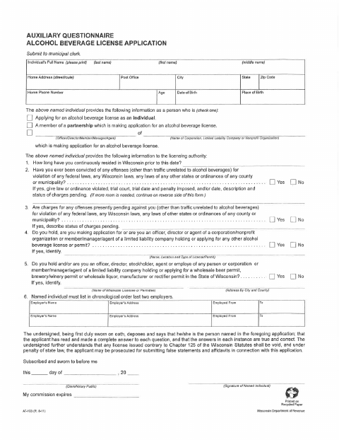 First page of the Alcohol License Questionnaire