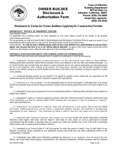 First page of the Owner-Builder Disclosure and Authorization Form