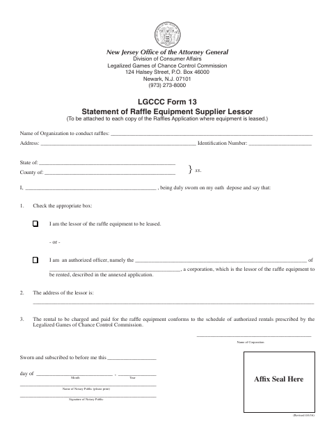 First page of the Statement of Raffle Equipment Supplier Lessor