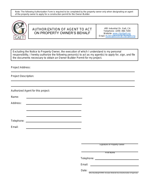 First page of the Authorization of Agent to Act on Property Owner’s Behalf