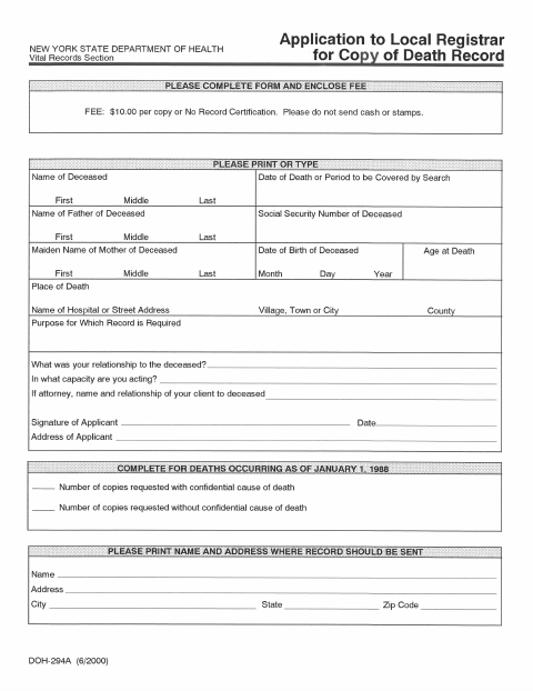 First page of the Application for Copy of Death Record