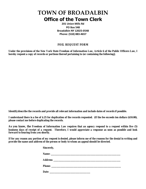 First page of the FOIL Request Form
