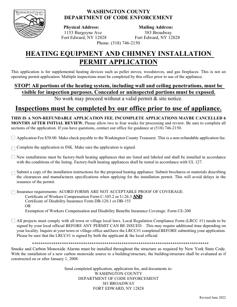 First page of the Heating Equipment and Chimney Installation Permit Application