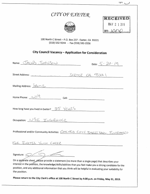 First page of the City Council Vacancy Application for Consideration