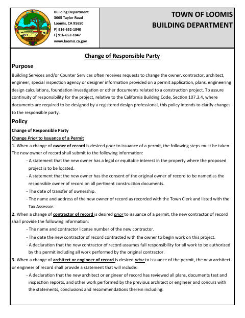 First page of the Change of Responsible Party