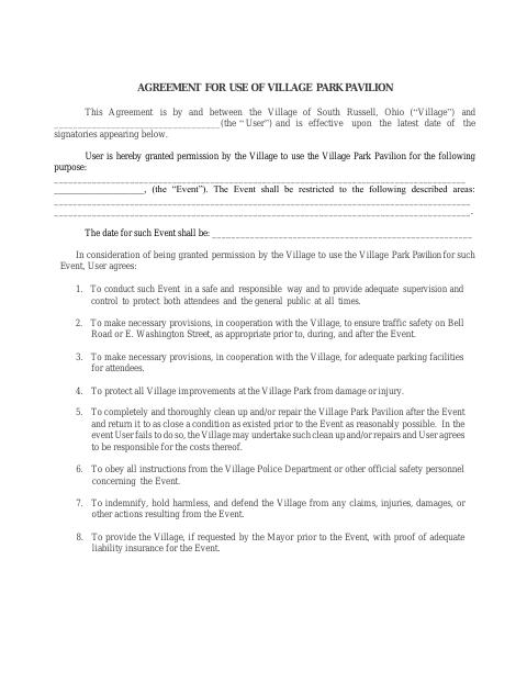 First page of the Agreement for Use of Village Park Pavilion