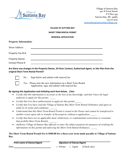 First page of the Short Term Rental Permit Renewal Application