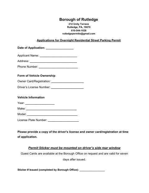 First page of the Overnight Residential Street Parking Permit Application