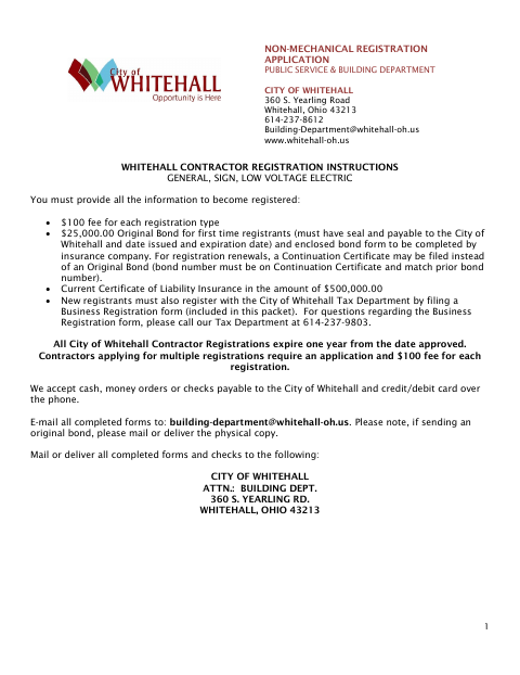 First page of the Non-Mechanical Contractor Registration Application