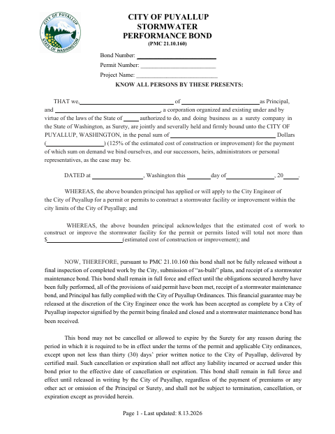 First page of the Stormwater Performance Bond
