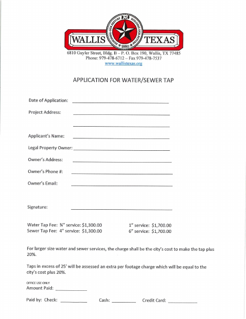 First page of the Application for Water/Sewer Taps