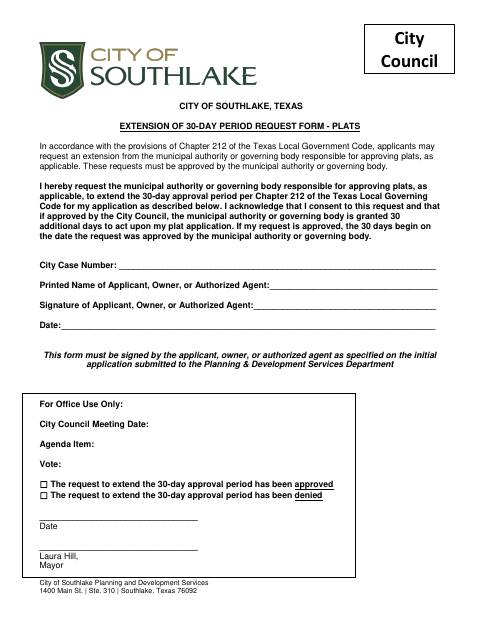 First page of the Extension of 30-Day Period Request Form - Plats