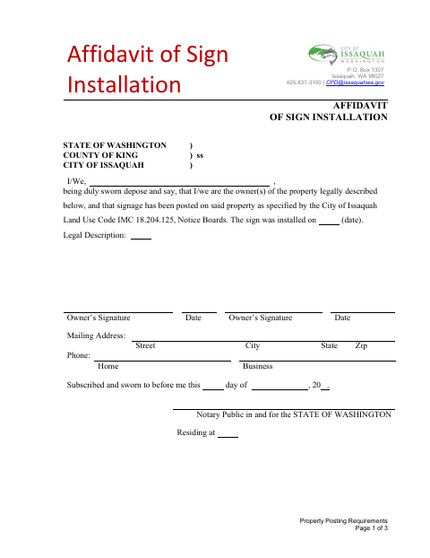 First page of the Affidavit of Sign Installation
