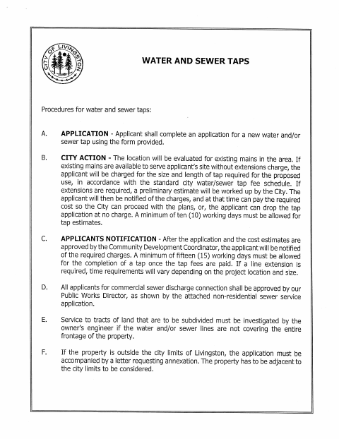 First page of the Water and Sewer Tap Application