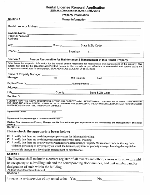 First page of the Rental License Renewal Application