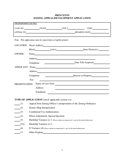 First page of the Zoning Appeal/Development Application